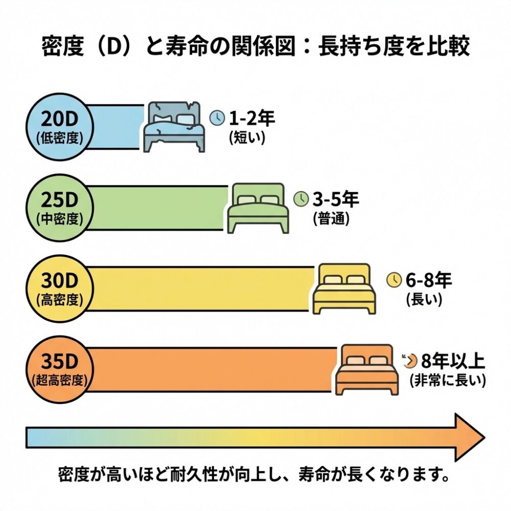 耐久性の選び方：密度25D以上が長持ちの目安の解説図