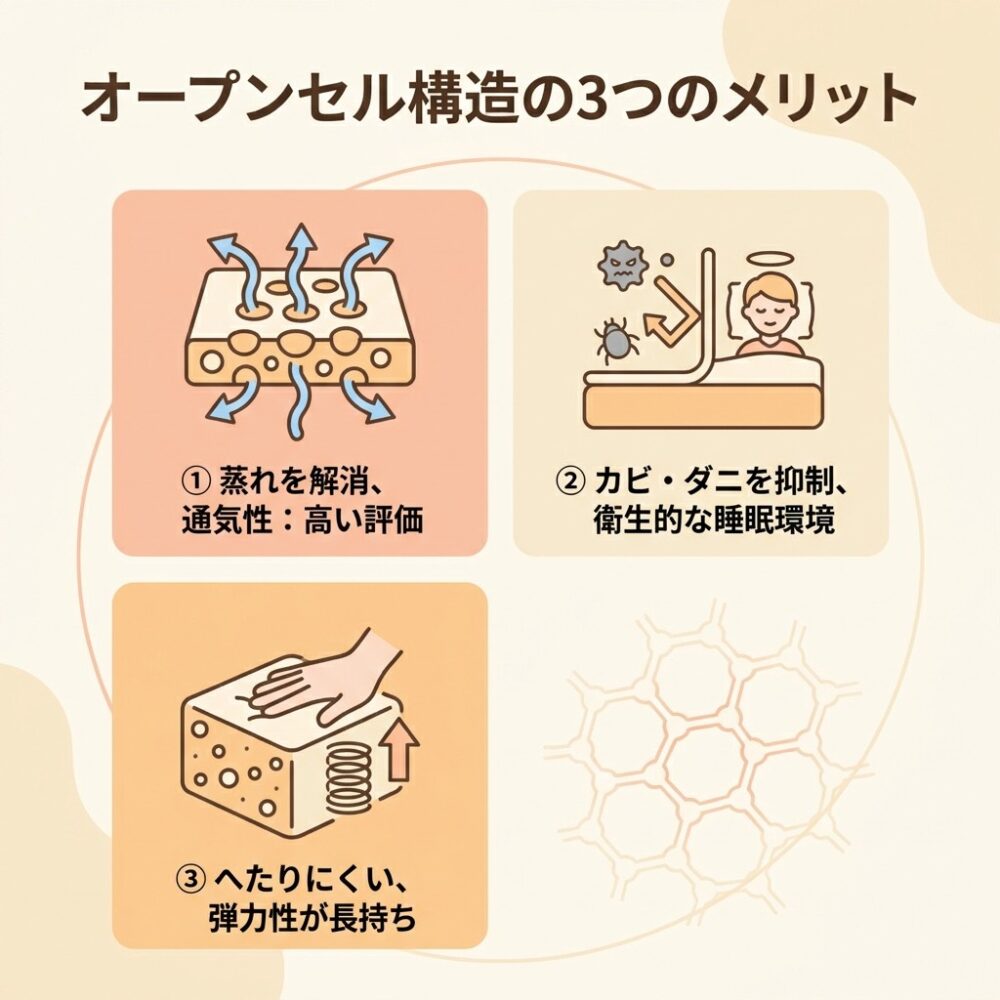 オープンセル構造の3つのメリットの解説図
