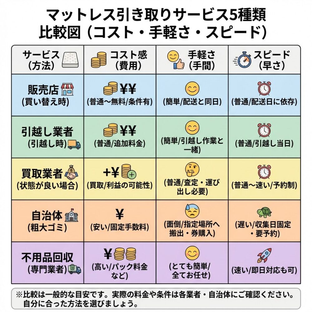 マットレスの引き取りサービスの種類5つの解説図
