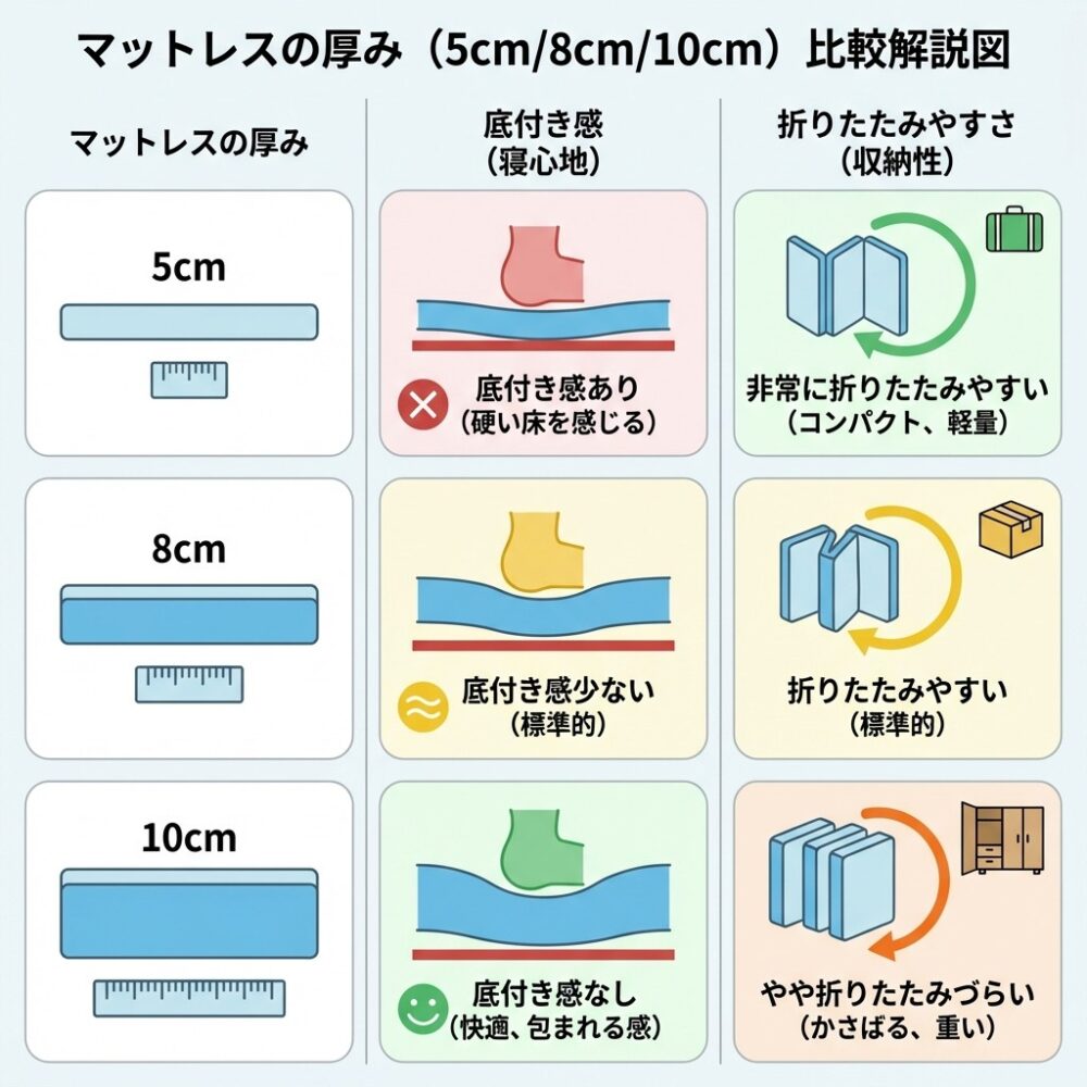 厚みの選び方：8cm〜10cmがベストバランスの解説図