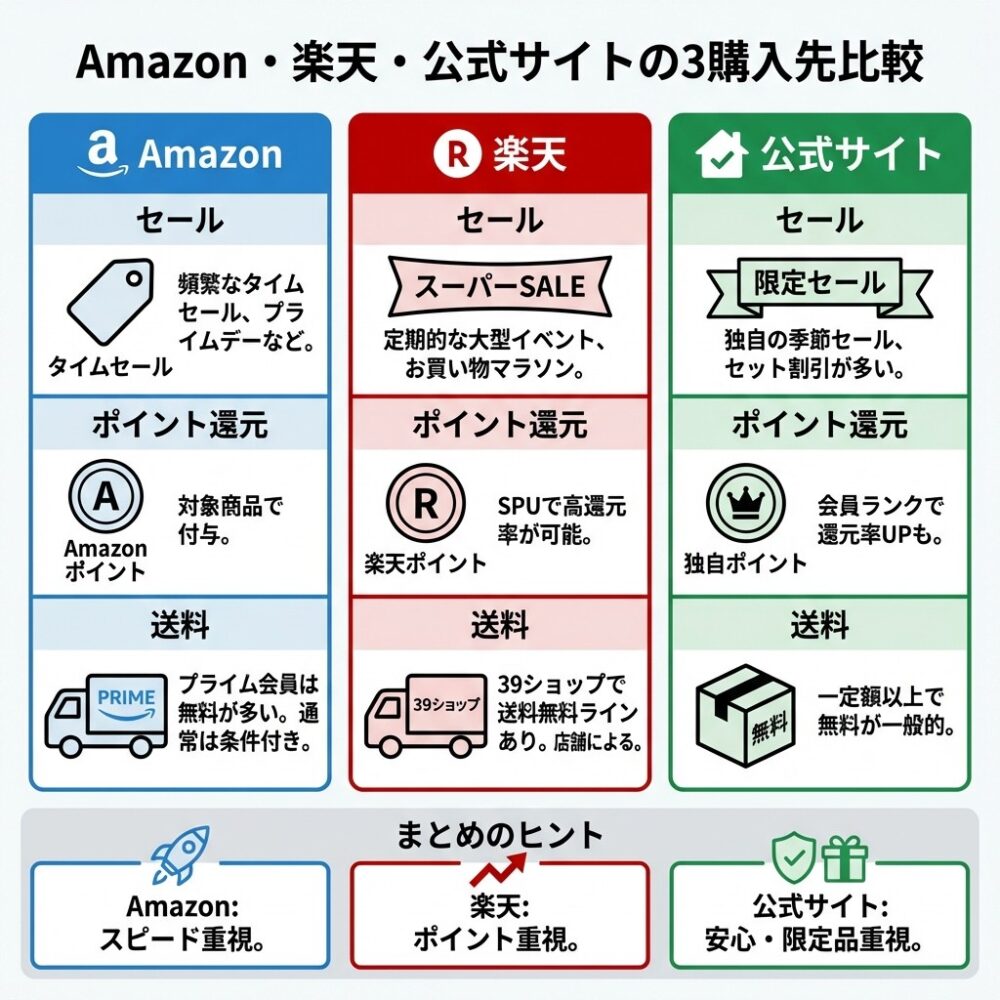 amazon・楽天・公式サイトの値段最安値比較の解説図