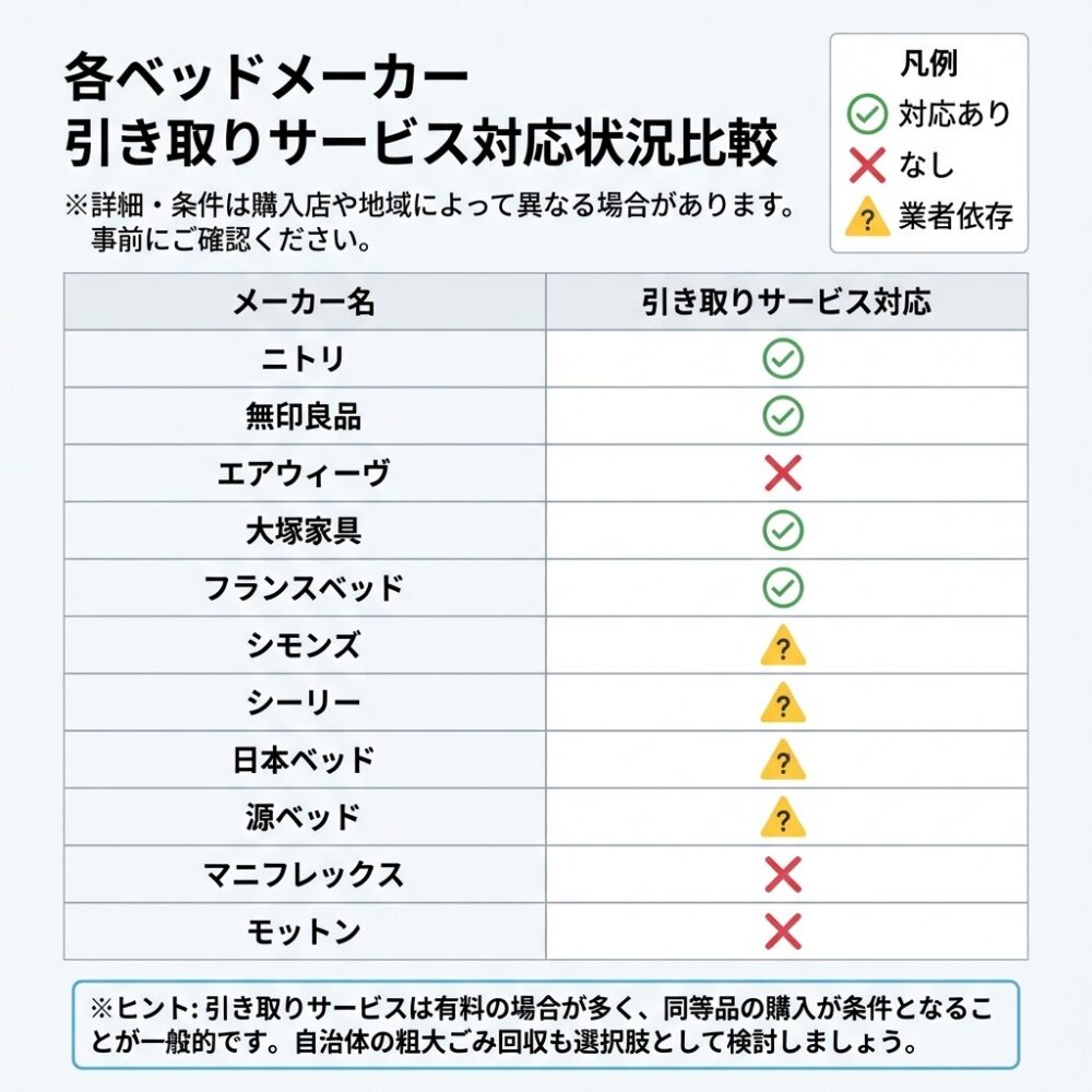 各ベッドメーカーのマットレス引き取りサービス実施状況の解説図