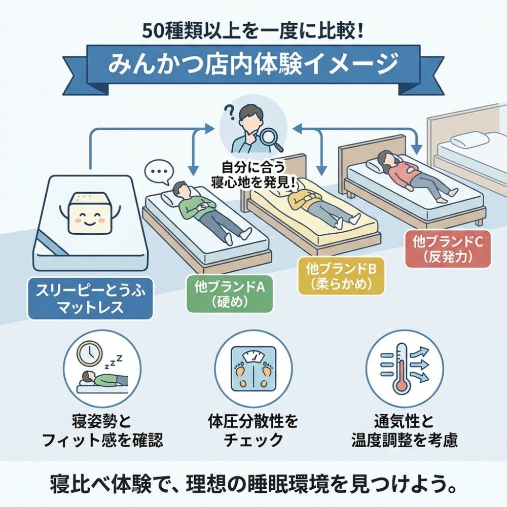 みんかつではスリーピーとうふと人気マットレスを一度に寝比べられますの解説図