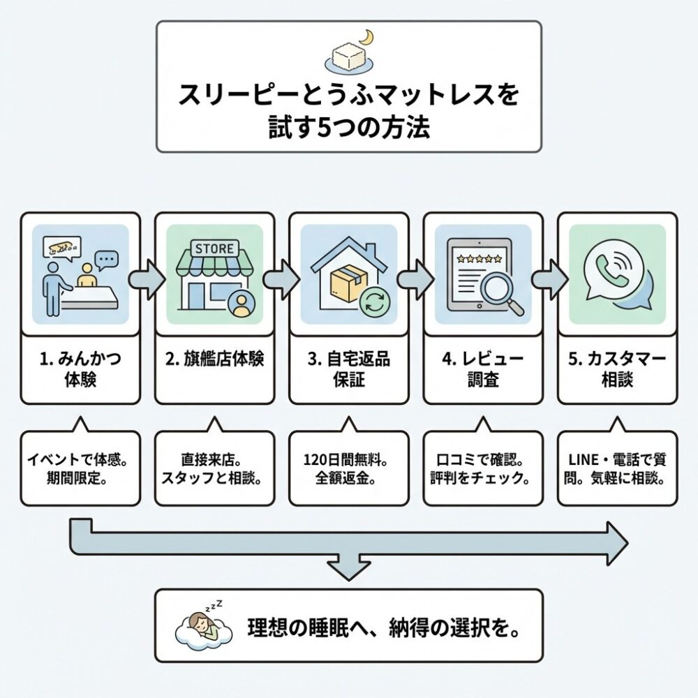 スリーピーとうふマットレスをお試しする方法の解説図