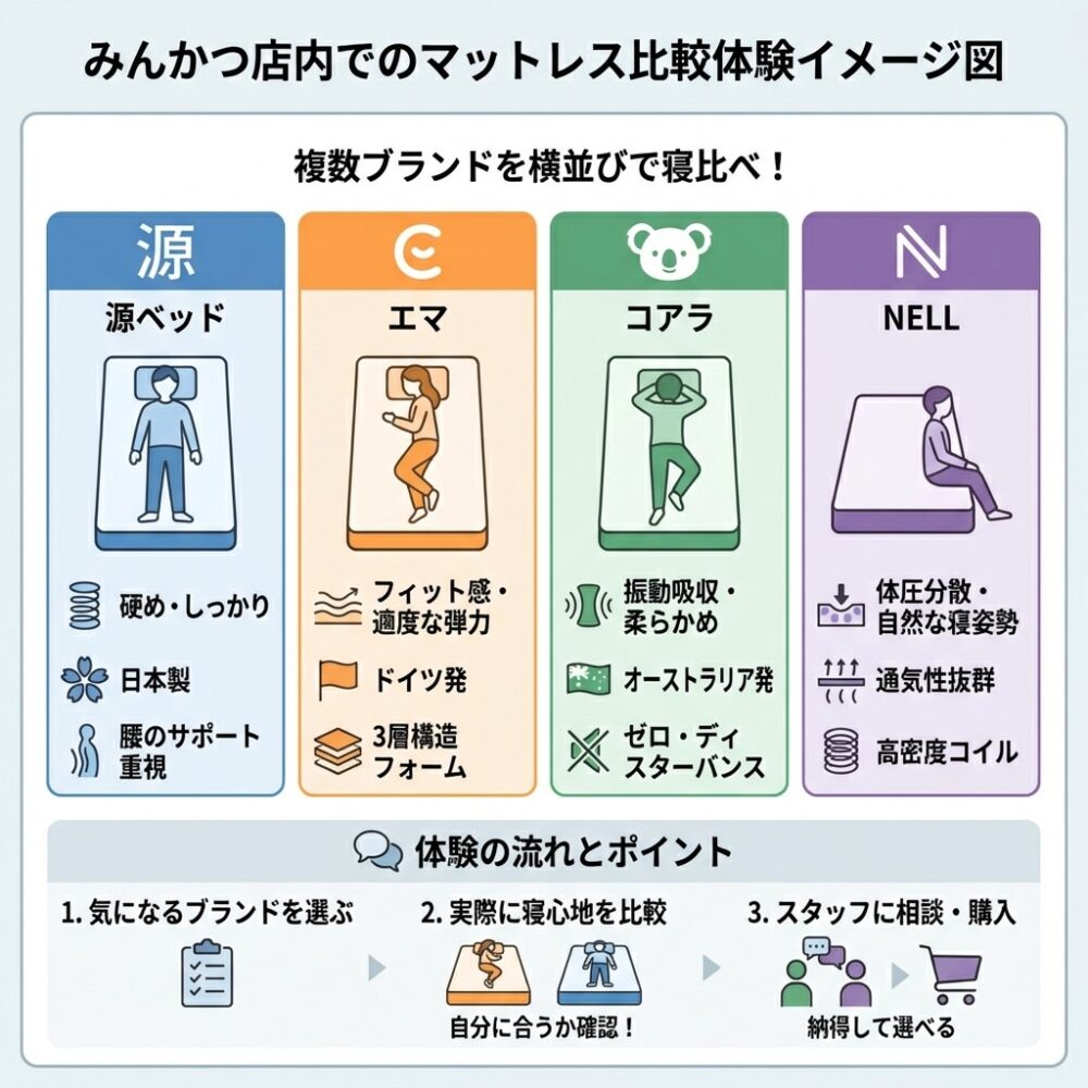 みんかつで源ベッドを他社マットレスと実際に寝比べて体験できますの解説図