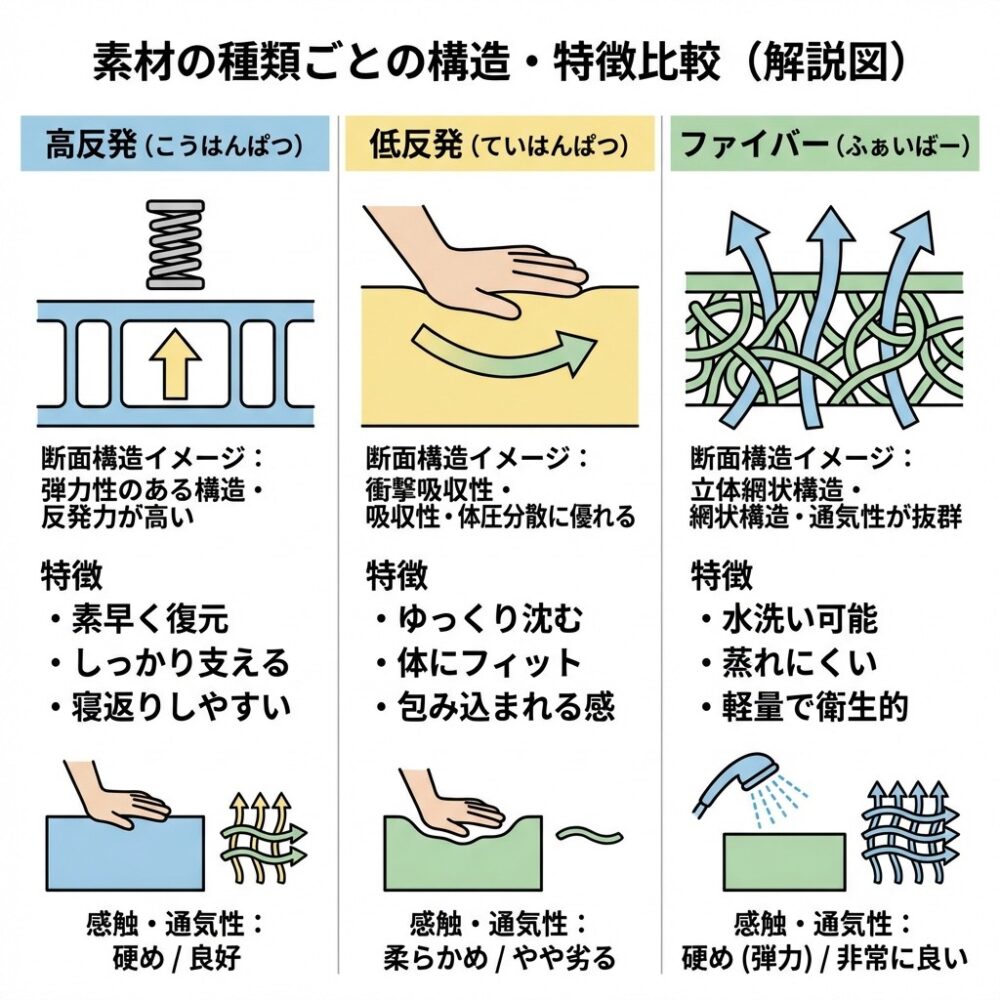 素材の種類の選び方：高反発ウレタンを選ぶのが基本の解説図