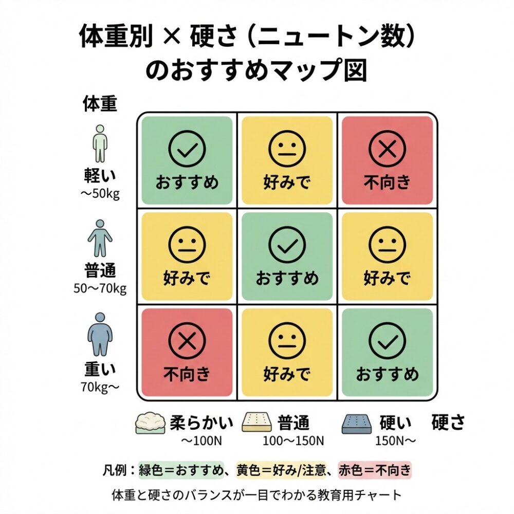 硬さの選び方：体重・体型に合わせて選ぶのが鉄則の解説図