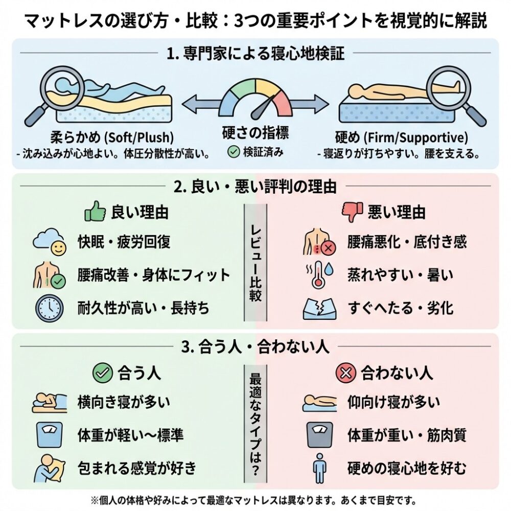 マットレスの選び方 レビューポイントの解説図