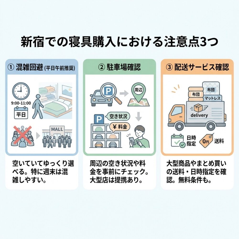 新宿で寝具を購入する際の注意点の解説図