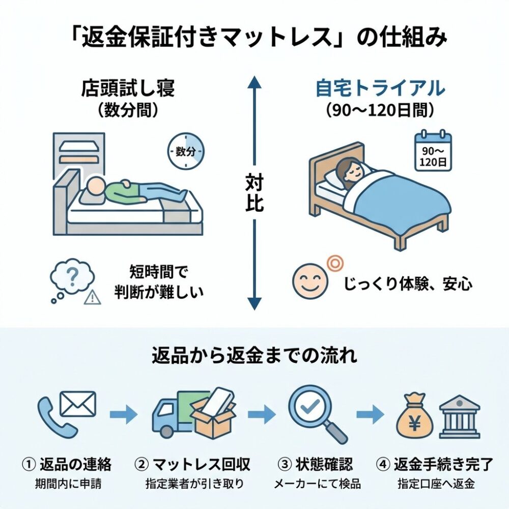 返金保証付きマットレスとは？自宅でお試しできる仕組みを解説の解説図