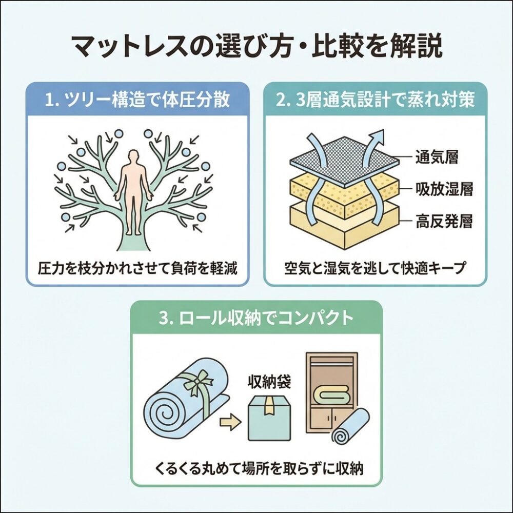 マットレスの選び方 レビューポイントの解説図