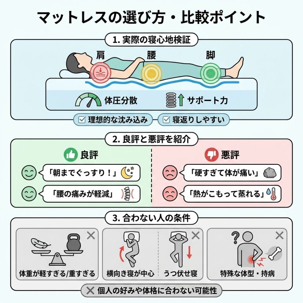 マットレスの選び方 レビューポイントの解説図