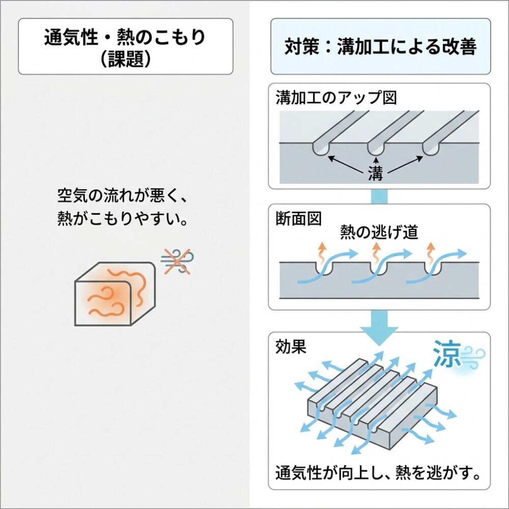 h3「通気性・熱のこもり」セクションの解説図