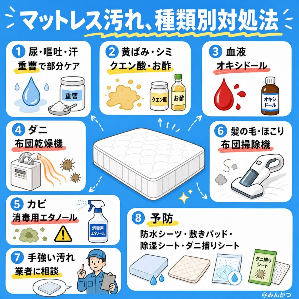 洗えないマットレスの汚れ別対処法