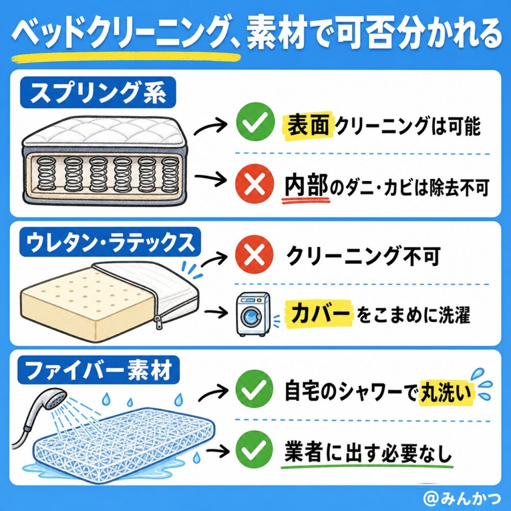 ベッドクリーニング可能な素材、ダメな素材