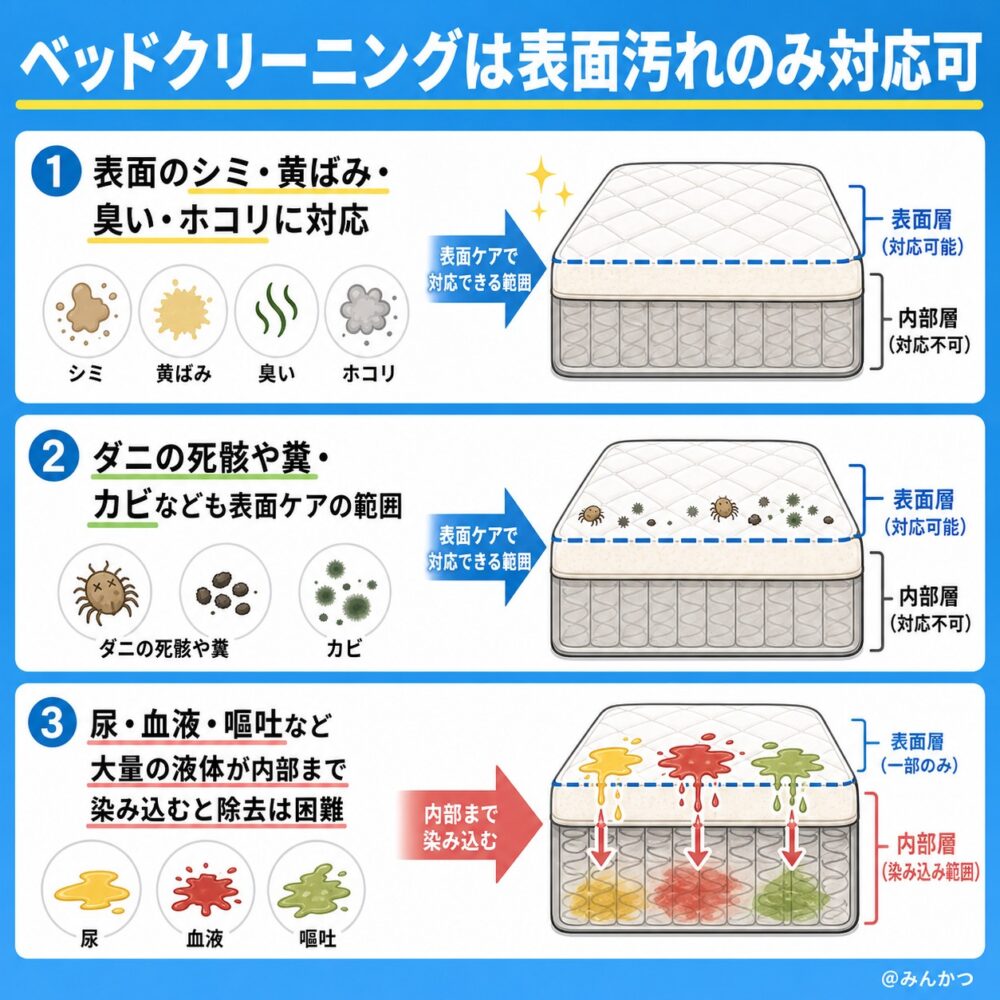 ベッドクリーニング可能な汚れ、落とせない汚れ