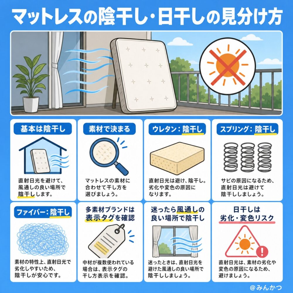 干し方はマットレスの素材で判断:基本は陰干し