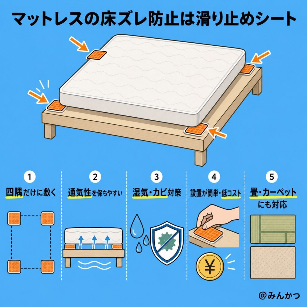 床やベッドフレームとのズレ:滑り止めシート