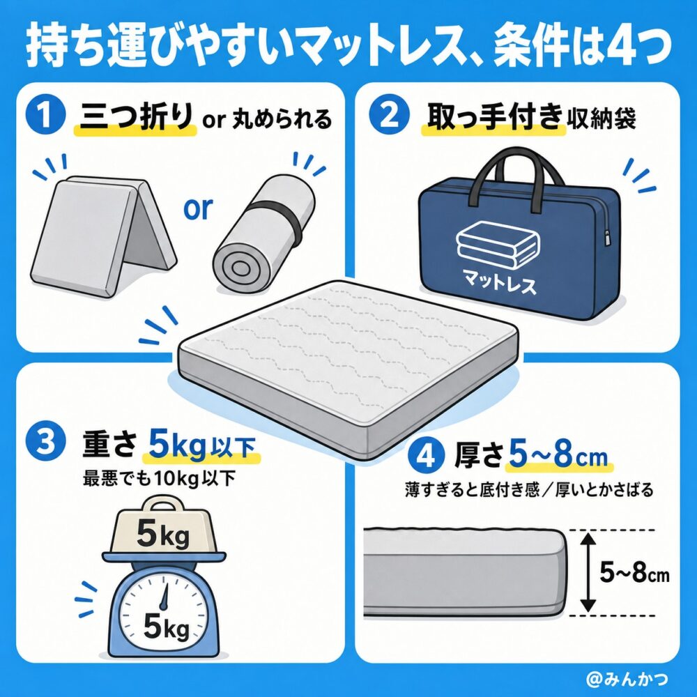 持ち運びしやすいマットレスの条件