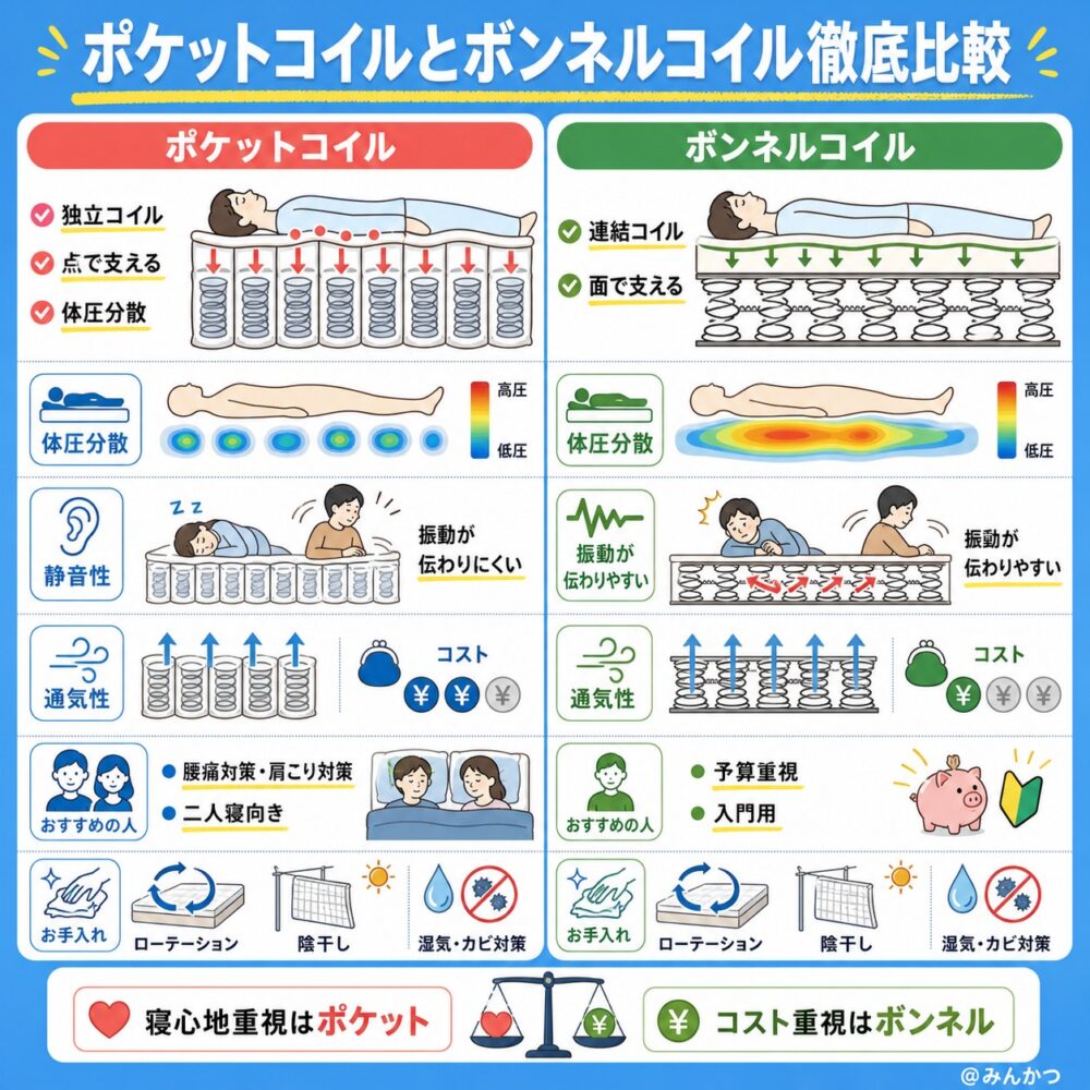 ポケットコイルとボンネルコイルの比較