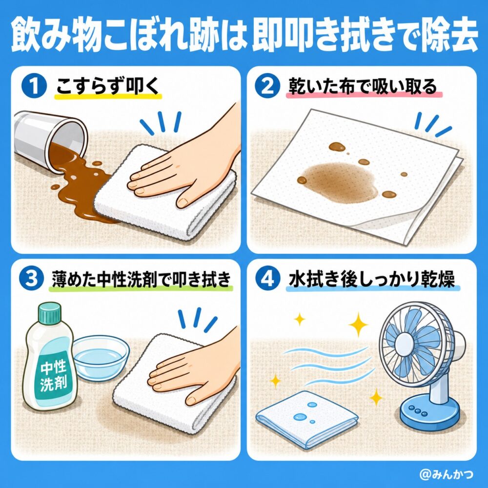 ジュース・コーヒーなど飲み物をこぼした汚れの落とし方