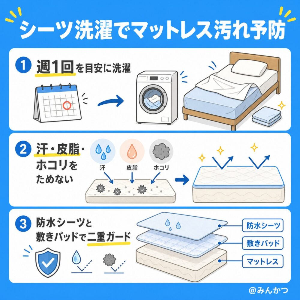 シーツ・カバーの定期的な洗濯で汚れを予防する
