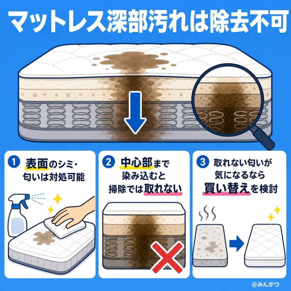 マットレスの中心部まで染み込んだ汚れは取れない