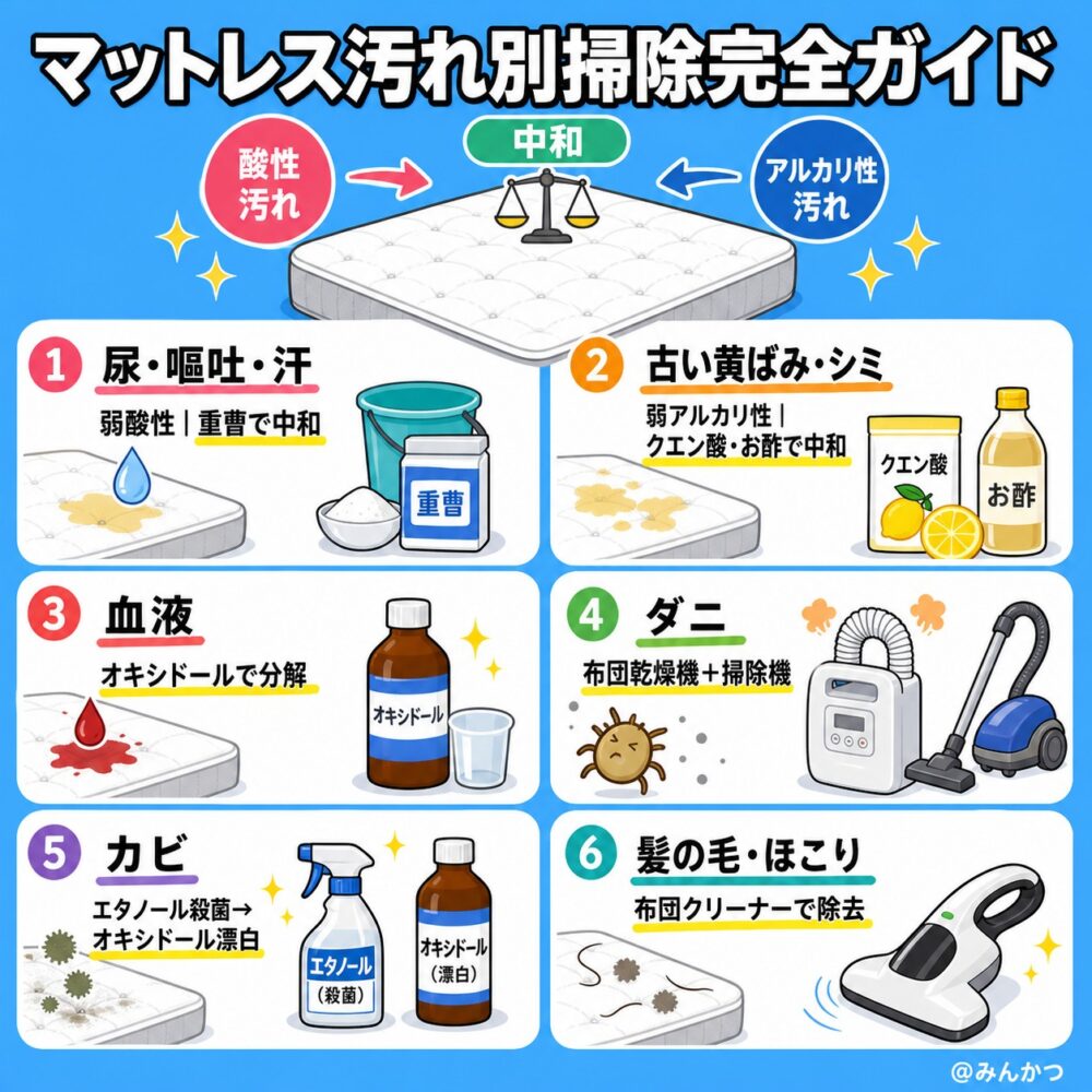マットレスの掃除方法【汚れ問題別】