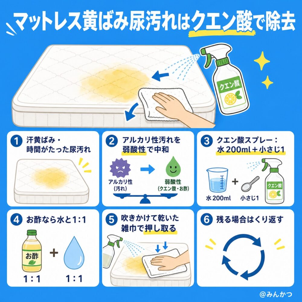 汗黄ばみ・シミ汚れ・時間が経過した尿汚れ:クエン酸・お酢