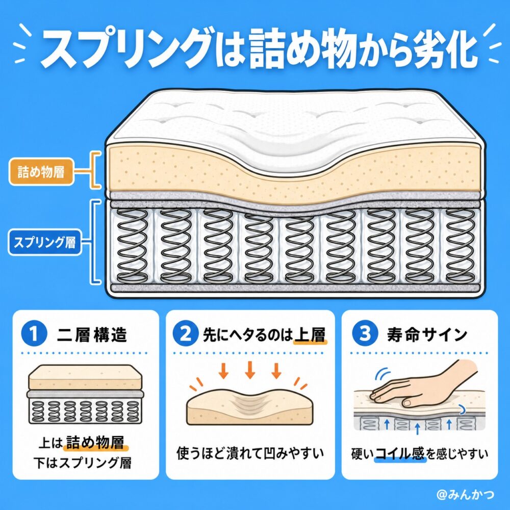 スプリングマットレスはコイルより先に詰め物がへたる