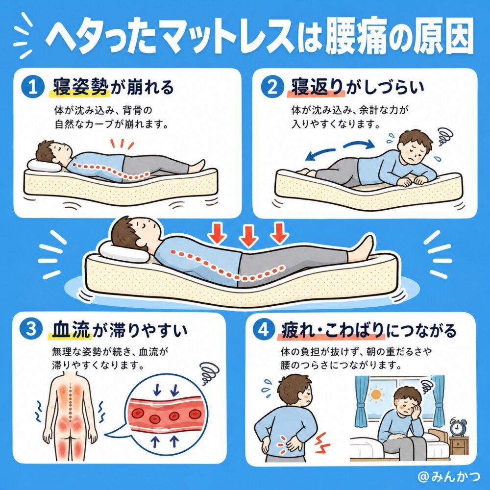 ヘタったマットレスで寝続けると腰痛の原因に