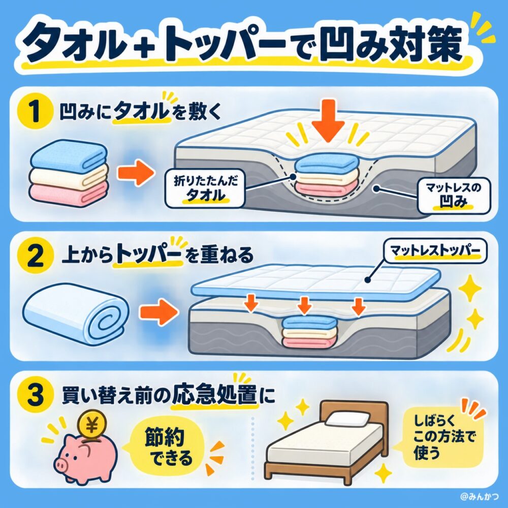 ②タオル＋トッパーを敷いて凹み部分の沈み込みを抑える