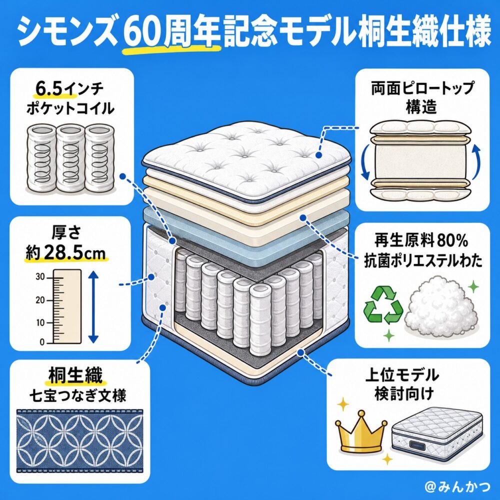 シモンズ60 桐生織 6.5インチ 両面ピロートップ(日本創立60周年記念)