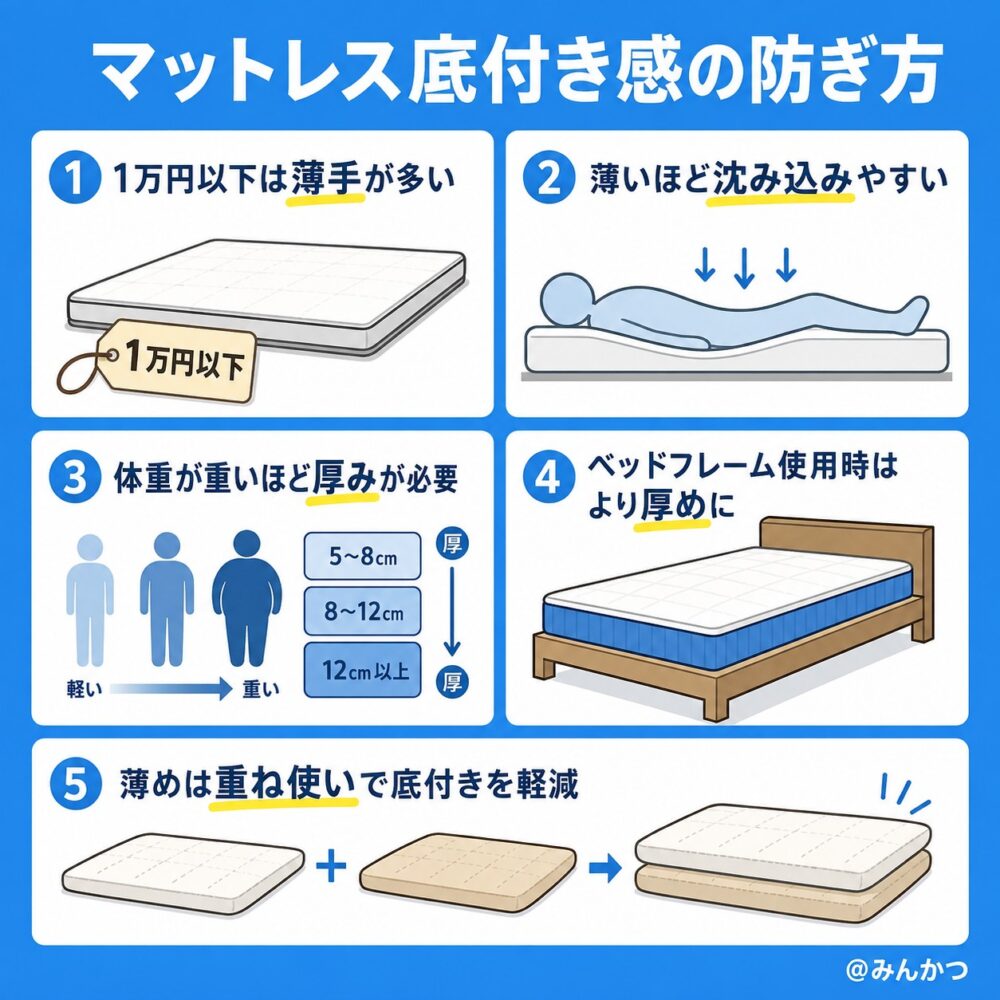 ポイント3:厚みは底付き感を避けられるかで選ぶ