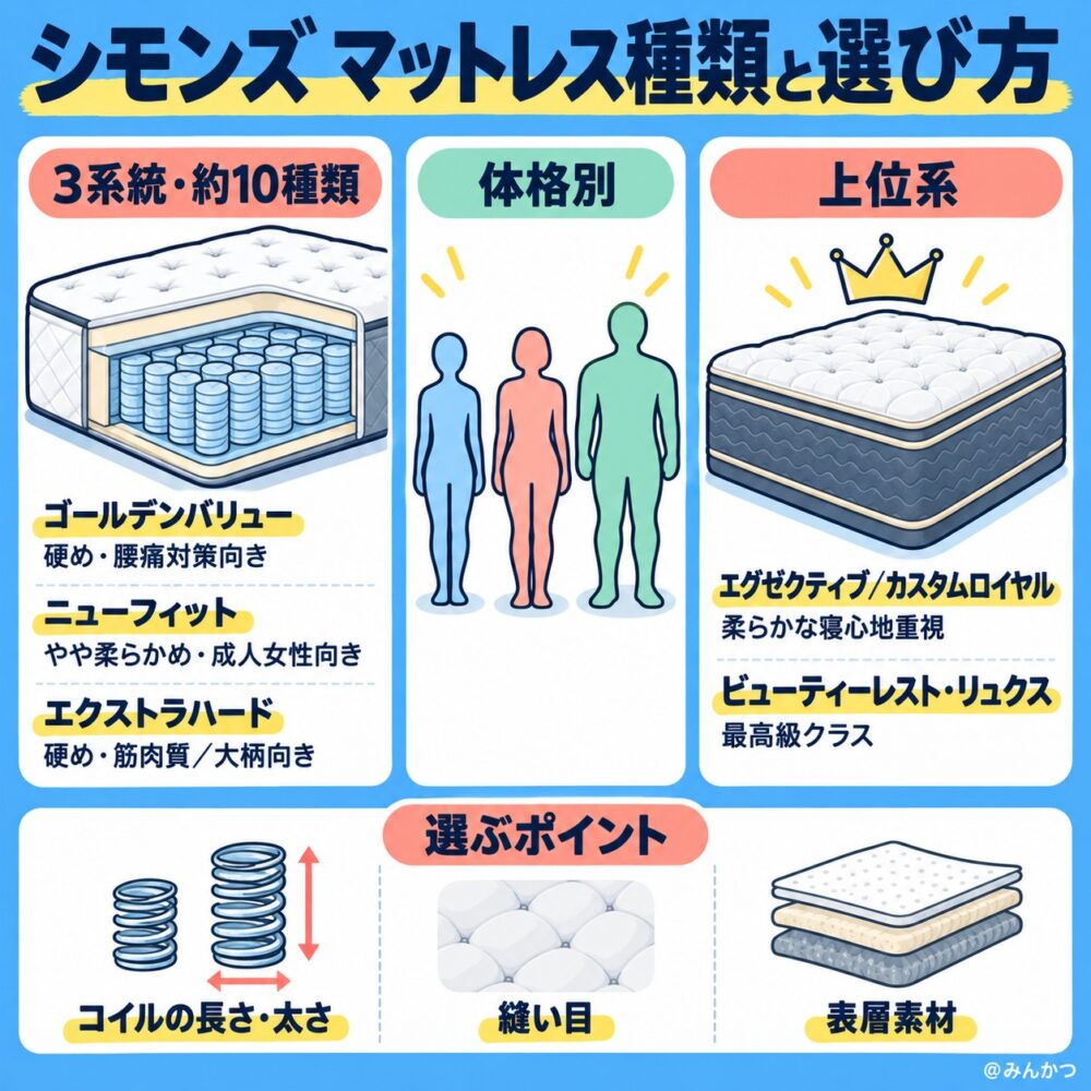 シモンズのベッドマットレスの種類の違い