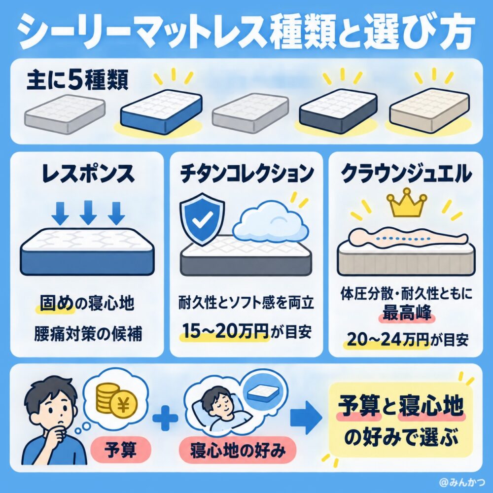 シーリーのベッドマットレスの種類の違い・選び方