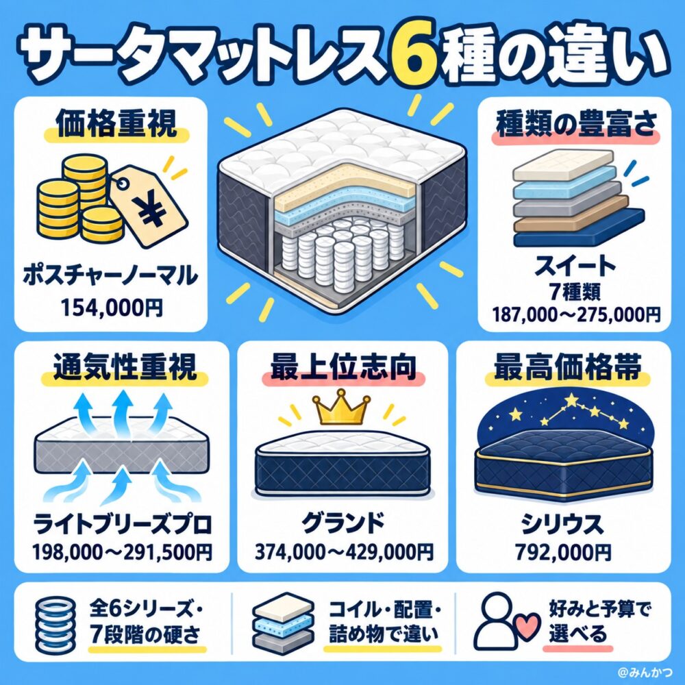 サータマットレスの種類の違い・口コミ評判