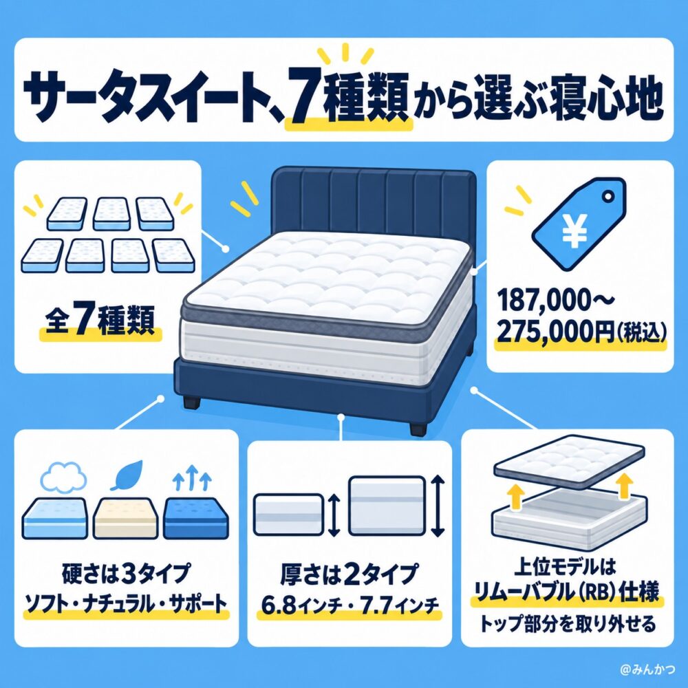 サータスイートの寝心地と口コミ評判【現行の中心シリーズ】7種類